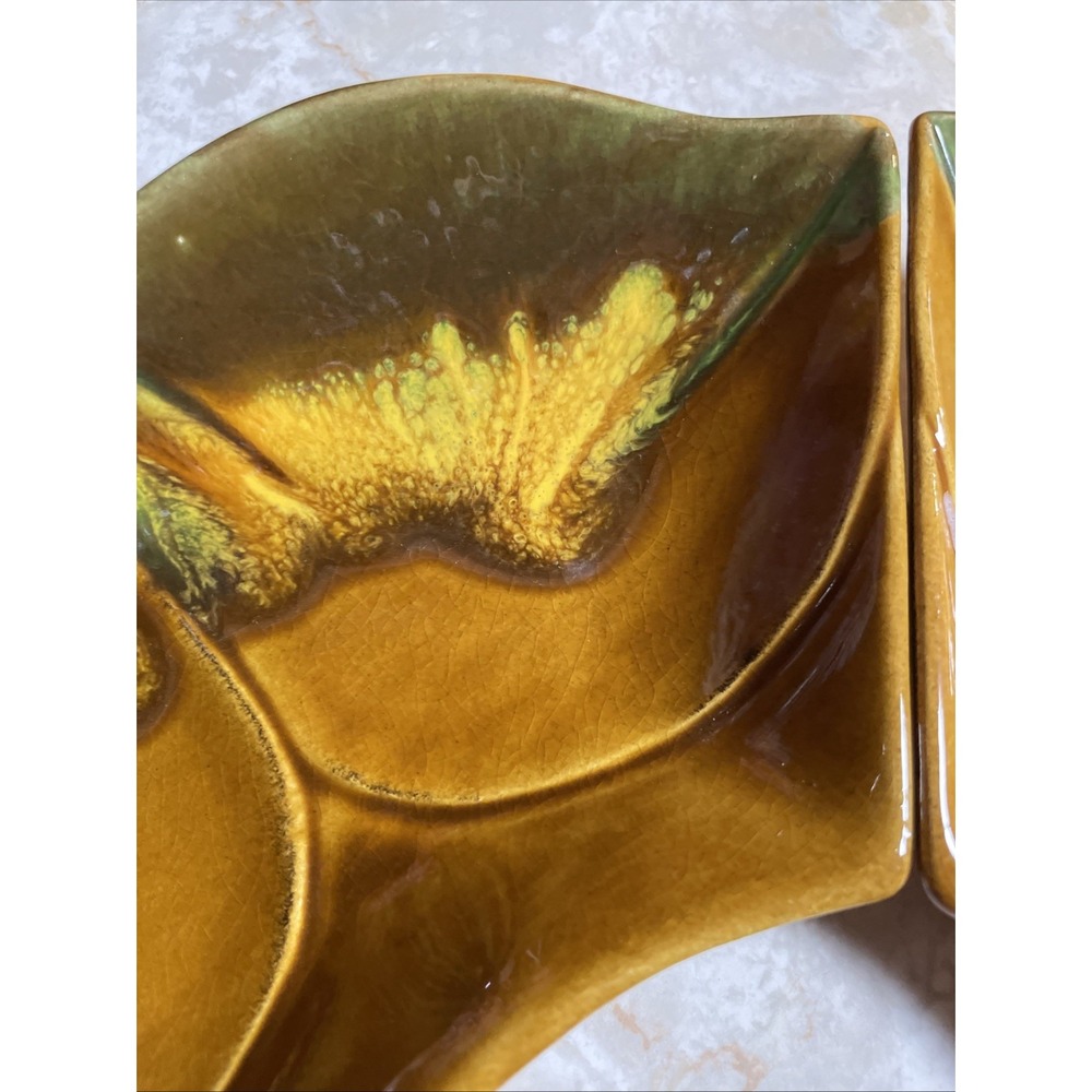 Vintage MCM ceramic lazy susan relish dish set leaf or acorn green brown glaze